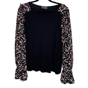 Hudson Gray Black Floral Long Sleeve Top Womens L Made in USA Casual Wear